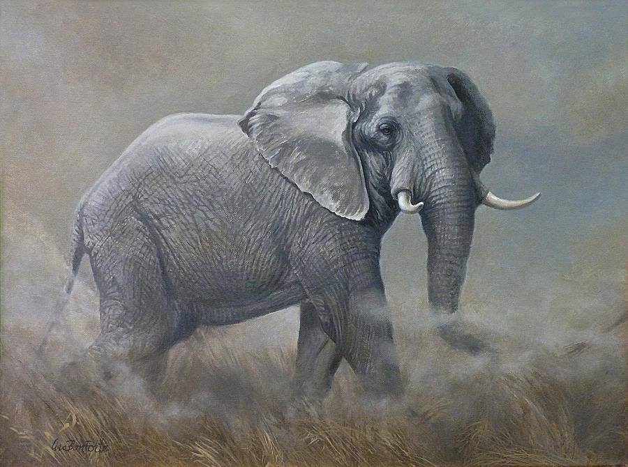900x670 Elephant In Wild Painting By Lisa Bonforte - Grey Elephant Painting