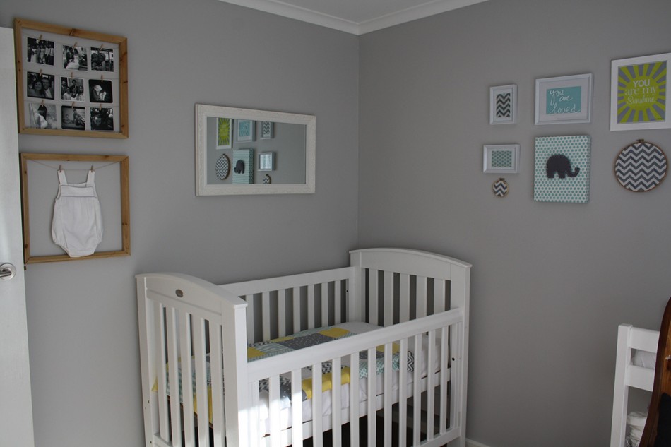 950x633 Grey Concrete Wall Elephant Painting Nursery With White Bed Frame - Grey Elephant Painting