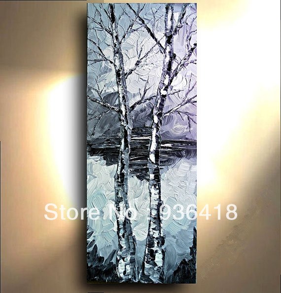 570x595 Custom Light Blue Grey Birch Tree Abstract Art Painting Birch Tree - Grey Tree Painting