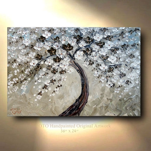 500x500 Original White Cream Brown Blue Grey Accent Abstract Art - Grey Tree Painting