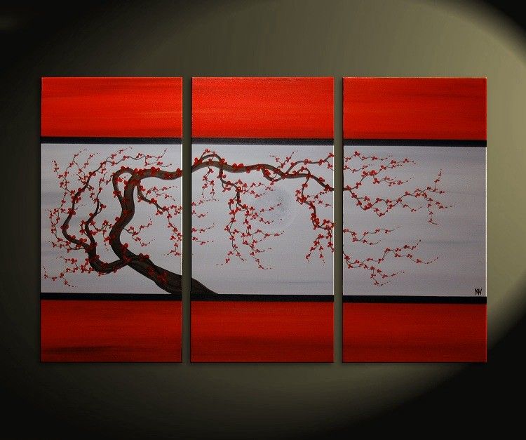 750x627 Red And Grey Original Tree Branch Art Plum Blossom By Nathalievan - Grey Tree Painting