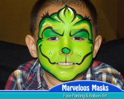 500x400 Marvelous Masks Christmas Face Painting For Holiday Parties - Grinch Face Painting