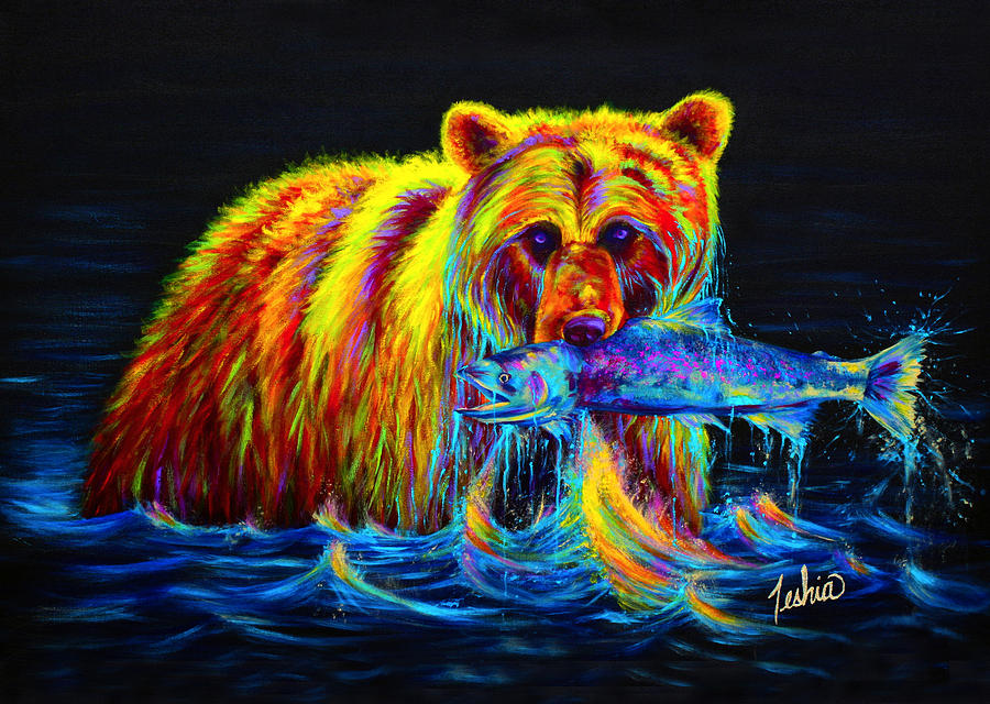 900x640 Night Of The Grizzly Painting By Teshia Art - Grizzly Bear Painting