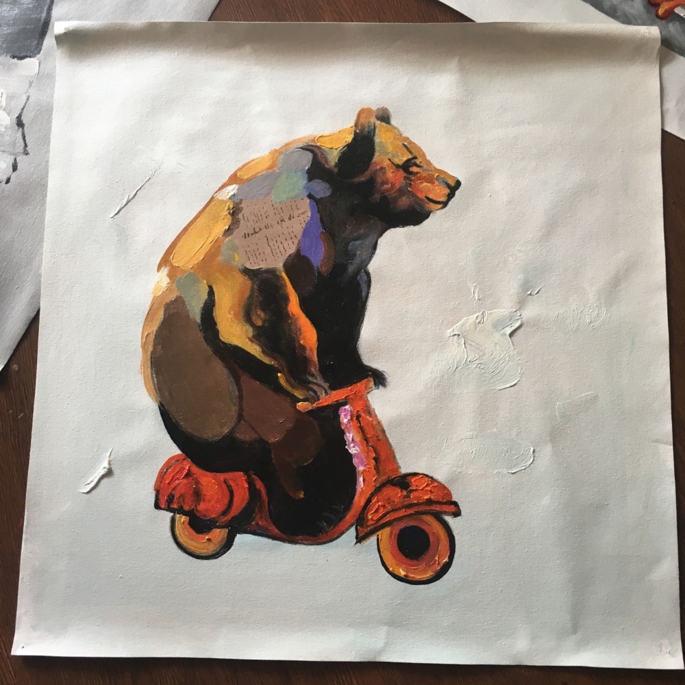 1000x1000 Hand Painted Canvas Oil Paintings Lovely Bear Riding Bicycle Wall - Grizzly Bear Painting Canvas