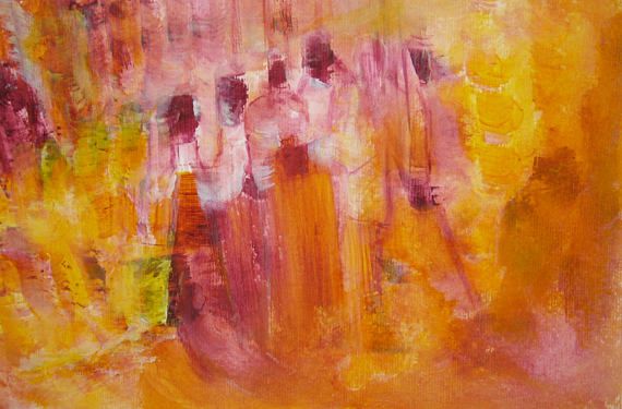 570x375 Group Of People Figurative Art Acrylic Painting Violet Yellow - Group Of People Painting