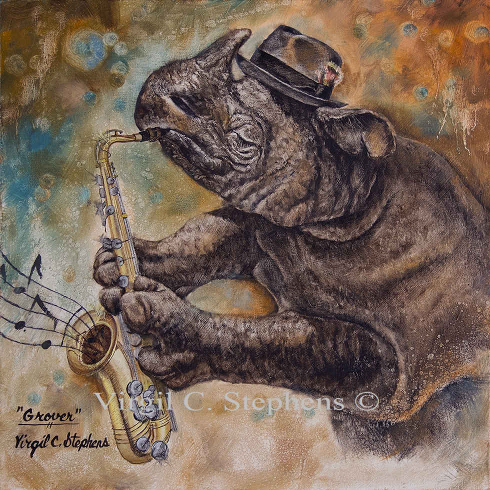 980x980 Grover, Original Oil Painting Of A Rhino Playing The Sax, By - Grover Painting