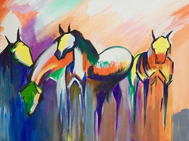 640x480 Damini Grover Artwork Four Horses Original Painting Acrylic - Grover Painting