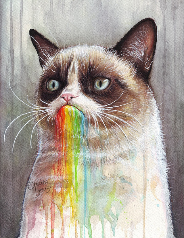 640x827 Grumpy Cat Tastes The Rainbow, A Painting By Olechka - Grumpy Cat Painting