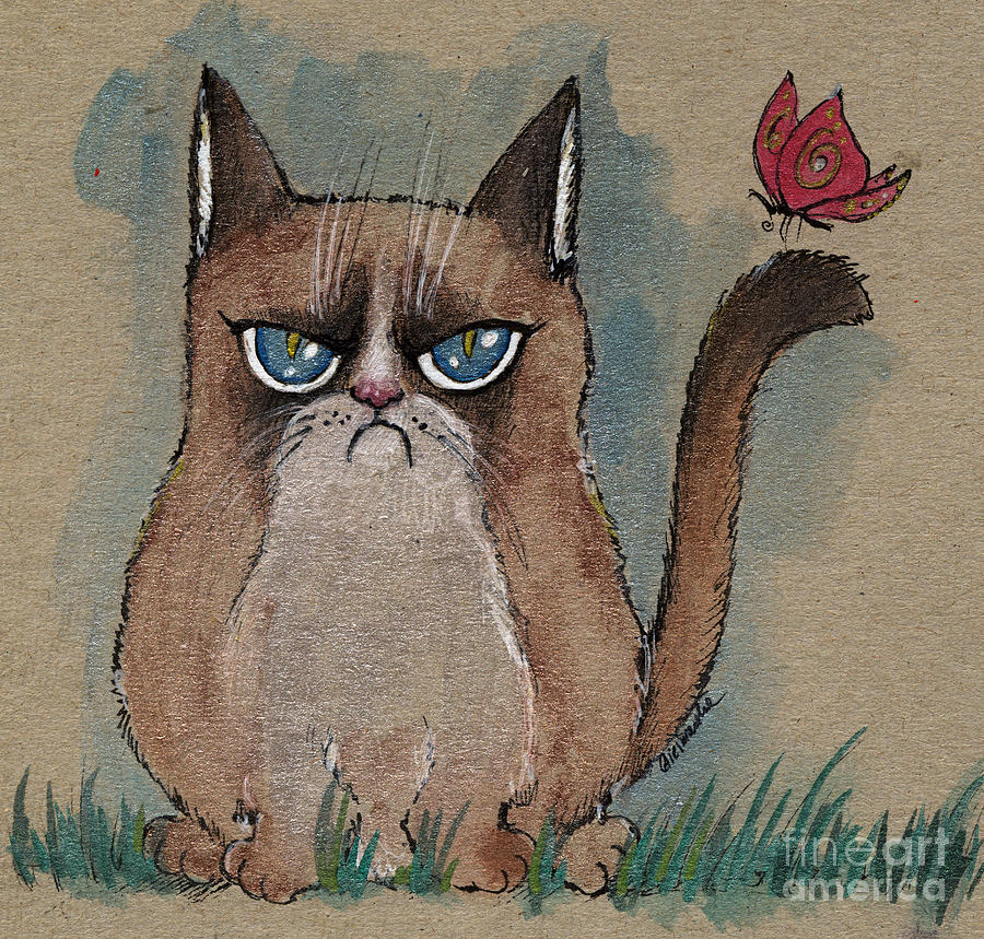 900x859 Grumpy Cat With Butterfly Painting By Angel Ciesniarska - Grumpy Cat Painting