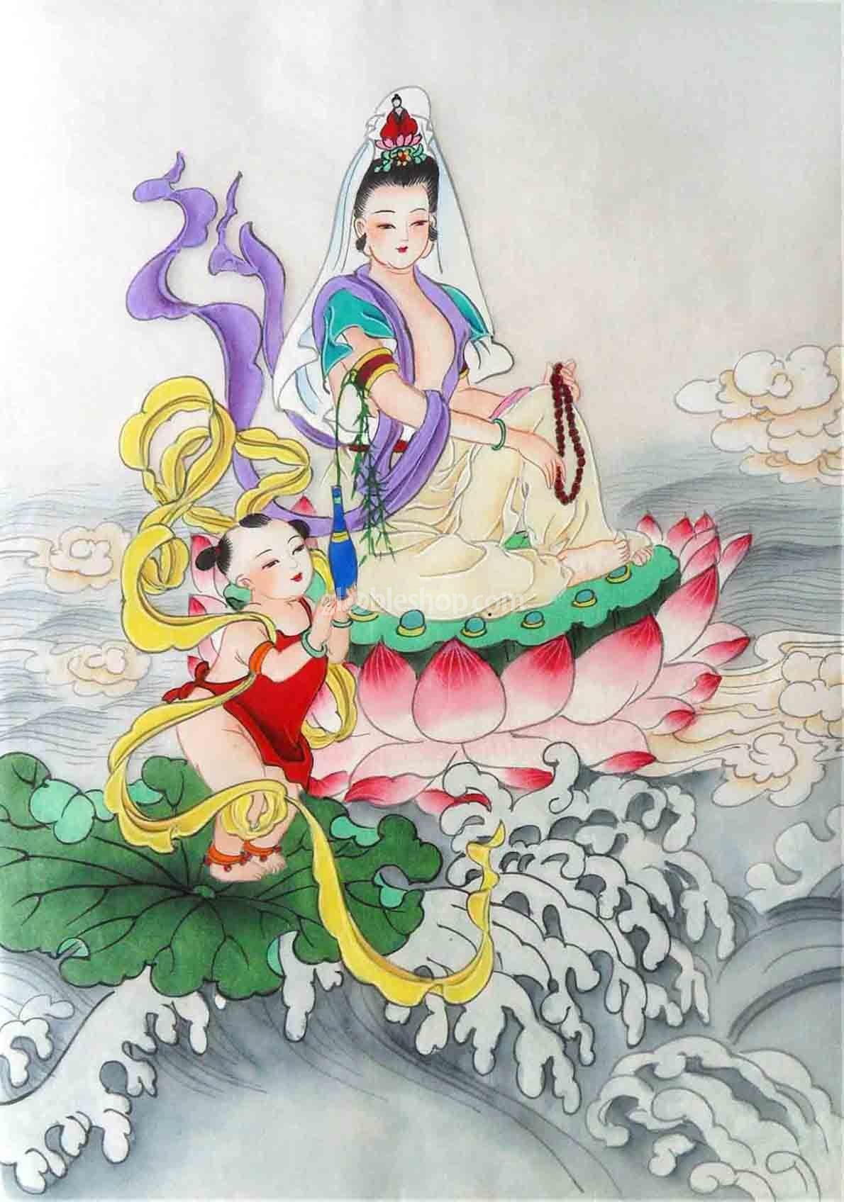 1190x1696 Chinese Silk Painting,guanyin And Boy,chinese Paintings For Sale - Guan Yin Painting
