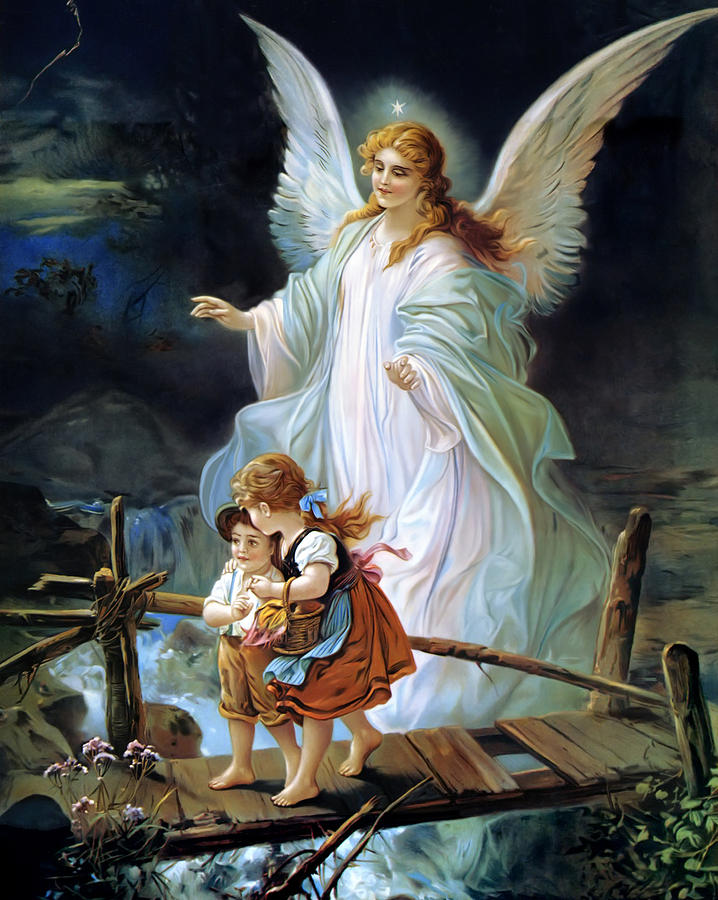 718x900 Guardian Angel Watching Over Children On Bridge Painting By Lindberg - Guardian Angel Painting