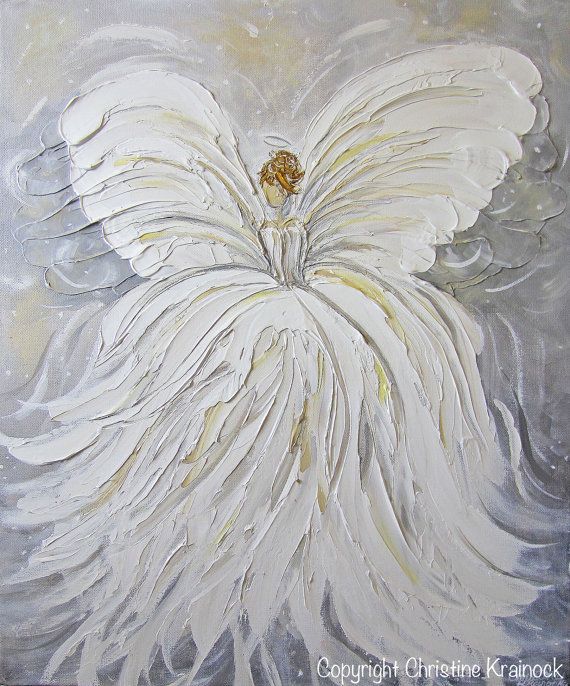 570x686 Giclee Print Art Abstract Angel Painting White Grey Gold Home - Guardian Angel Painting Artist