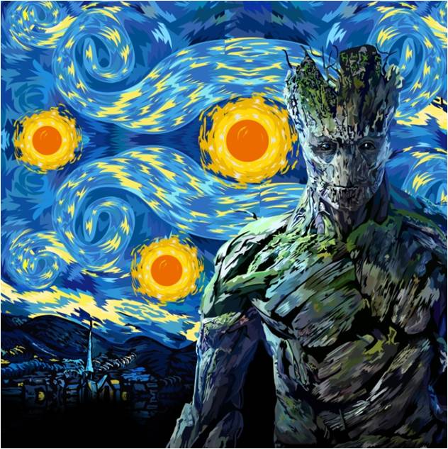 632x633 Groot Enjoys A Starry Night Guardians Of The Galaxy Bedding - Guardians Of The Galaxy Painting