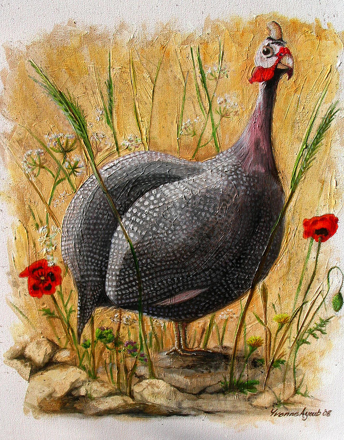703x900 Guinea Fowl With Poppies Painting By Yvonne Ayoub - Guinea Fowl Painting