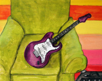 340x270 Red Electric Guitar Original Acrylic Painting On Paper 8x10 - Guitar Acrylic Painting
