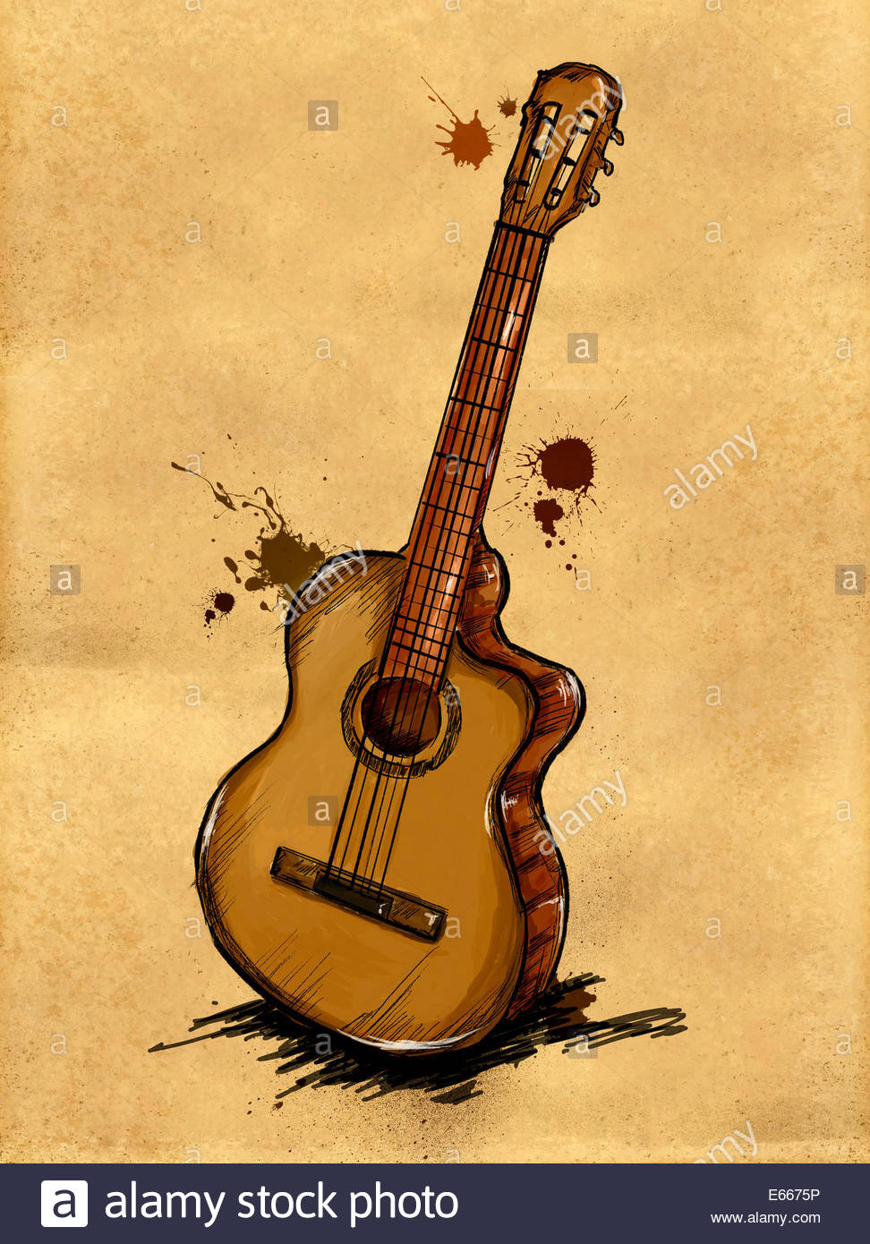 972x1390 Guitar Painting Paper Canvas Brown Art Drawing Stock Photo - Guitar Canvas Painting