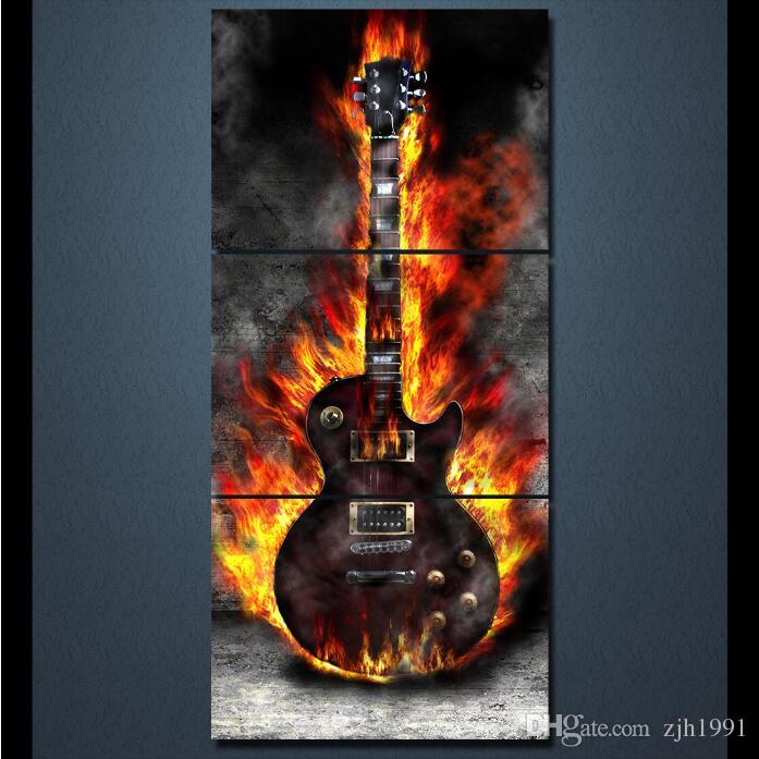 697x697 Best Hd Printed 3 Panel Canvas Art Burning Guitar Canvas Painting - Guitar Canvas Painting