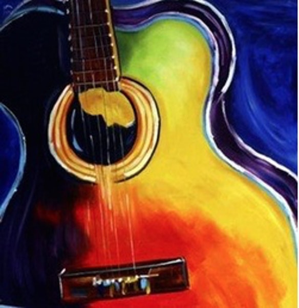 584x600 In Tune Laurie Pace Guitar Painting And Jamming Away By Artist - Guitar Painting