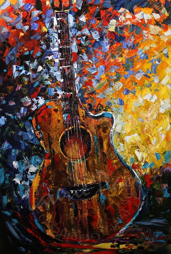 576x855 Cut Away Over The Moon, Palette Knife Guitar Painting By Texas - Guitar Painting