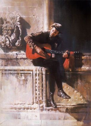 306x423 Jian Wu Figurative Figurative, Mixed Media - Guitar Player Painting