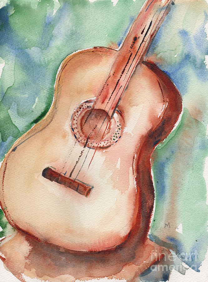665x900 Guitar In Watercolor Painting By Maria's Watercolor - Guitar Watercolor Painting