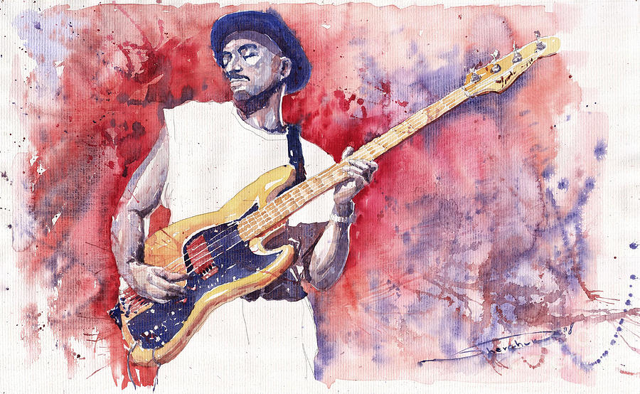 900x554 Jazz Guitarist Marcus Miller Red Painting By Yuriy Shevchuk - Guitar Watercolor Painting