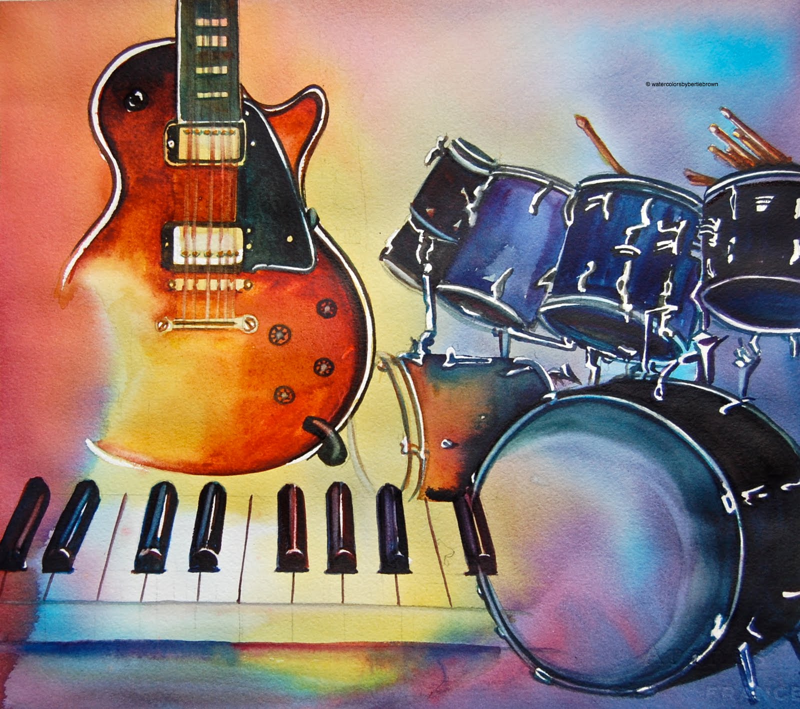 1600x1419 Daily Painters Of Pennsylvania Musically Inclineddrums, Piano - Guitar Watercolor Painting
