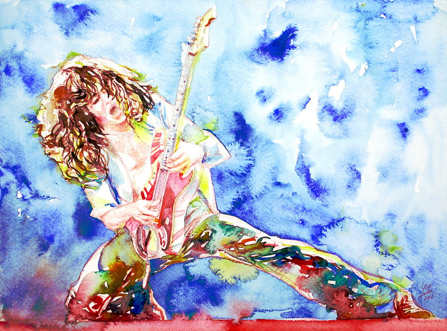 900x667 Eddie Van Halen Playing The Guitar.1 Watercolor Portrait Painting - Guitar Watercolor Painting