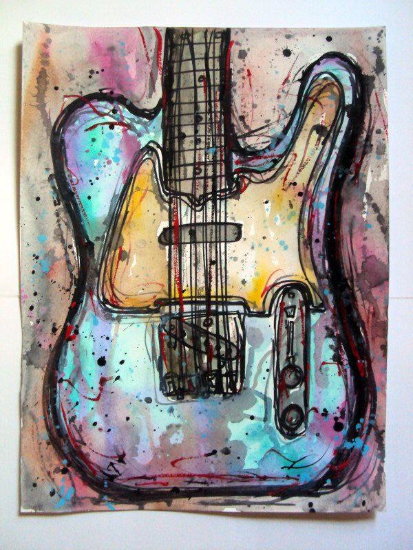 600x800 Fender Telecaster Electric Guitar Watercolor Painting (Aquayellow - Guitar Watercolor Painting