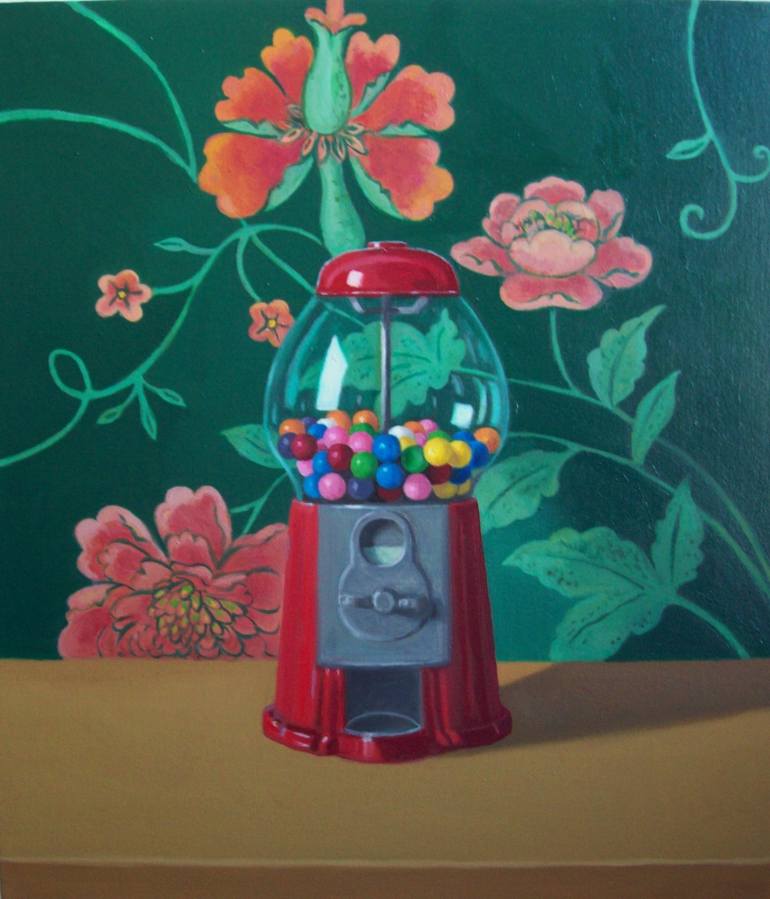 770x899 Saatchi Art Gumball Machine With Green Floral Fabric Painting By - Gumball Machine Painting