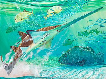366x273 Sawfish, Jacks And Jewfish - Guy Harvey Painting