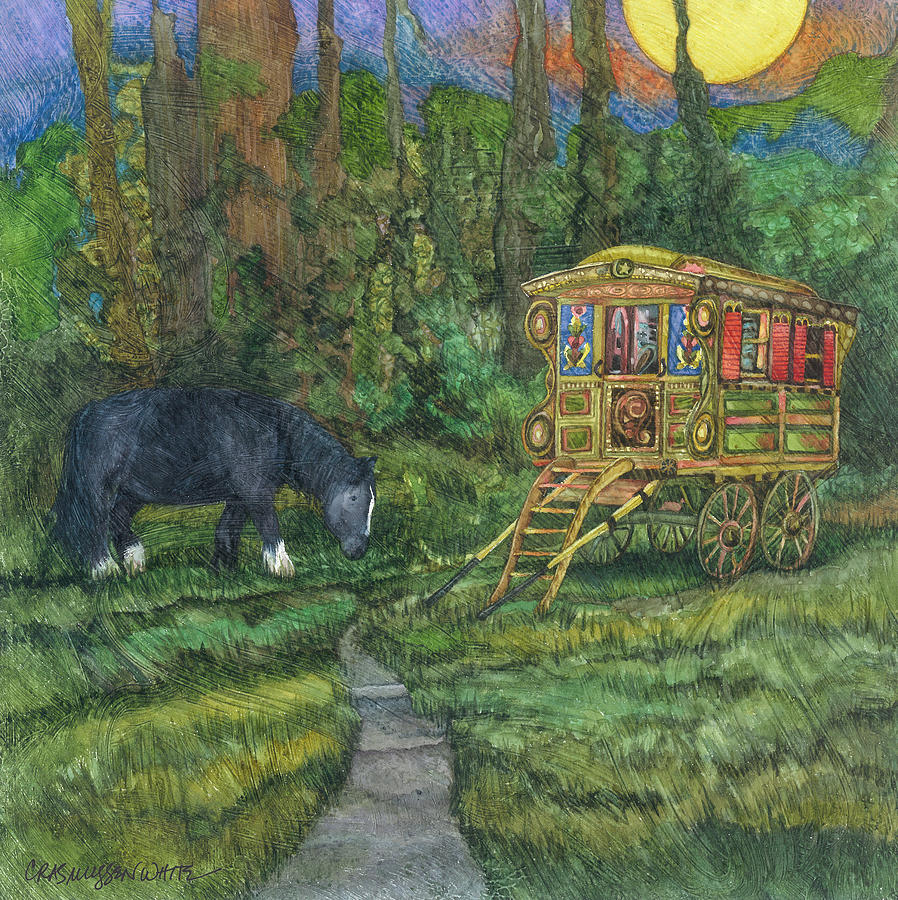 898x900 Gwendolyn's Wagon Painting By Casey Rasmussen White - Gypsy Caravan Painting