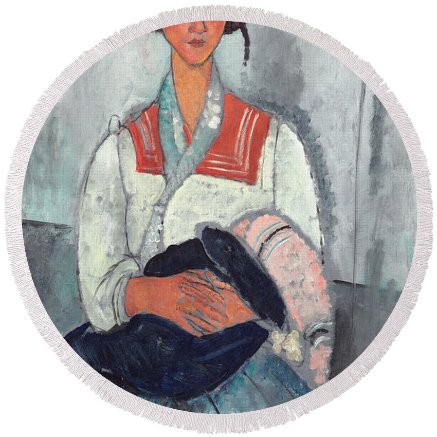 850x850 Gypsy Woman With Baby Round Beach Towel For Sale By Amedeo Modigliani - Gypsy Woman With Baby Painting