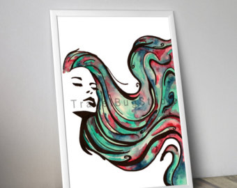 340x270 Woman With Multicolour Hair Wind Watercolor Art Print - Hair Blowing In The Wind Painting