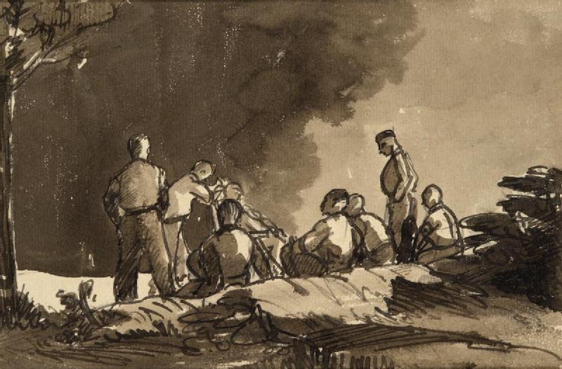 800x525 Filesoldiers Waiting For A Haircut Art.iwmartld1948.jpg - Haircut Painting