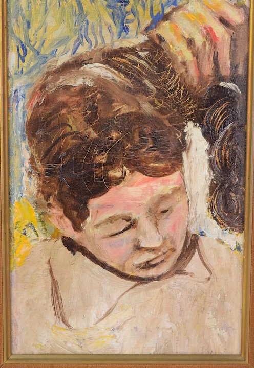 496x720 Vintage Mid Century Modern Oil Painting Two Young Men Boys Haircut - Haircut Painting