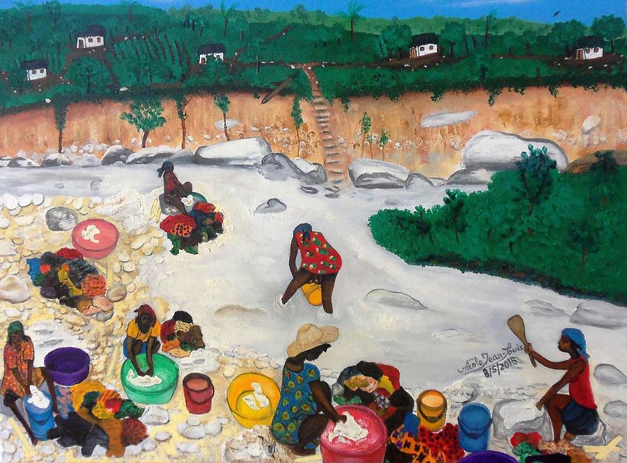 900x665 Washing Clothes By The Riverside In Haiti Painting By Nicole Jean - Haiti Painting