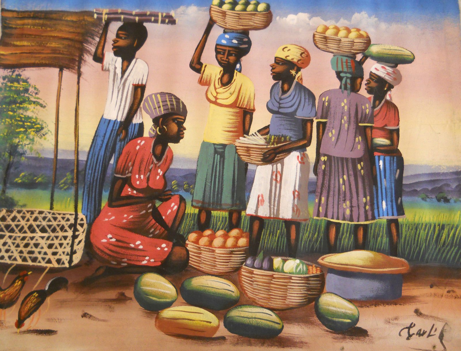 1600x1220 Haitian Oil Painting Carl Fruit Market Roosters Haiti Artist 19.75 - Haitian Oil Painting