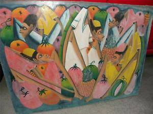 300x225 Large 27 X 37 Original Haitian Oil Painting Market Scene By Jean - Haitian Oil Painting