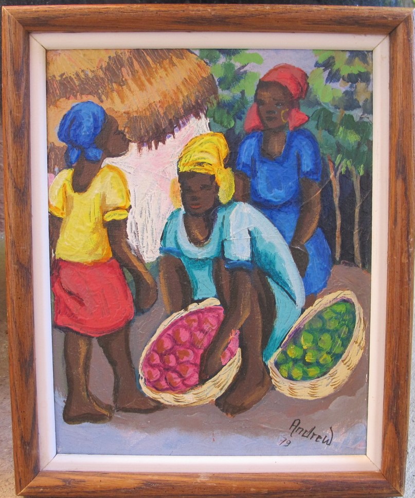 807x969 1979 Original Haitian Folk Art Naif Painting By Andrew Village - Haitian Oil Painting
