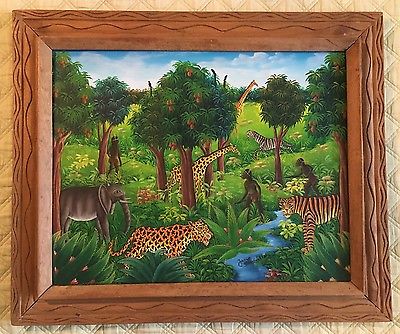 400x334 Vintage 70's Haitian Oil Painting Jungle Wanimals Signed By - Haitian Oil Painting