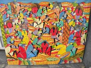 300x225 Colorful Vintage Haitian Oil Painting Of A Local Market Signed St - Haitian Oil Painting