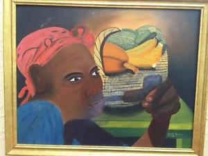 300x225 Fabulous Haitian Oil Painting Of A Man Smoking Pipe By Listed Jean - Haitian Oil Painting