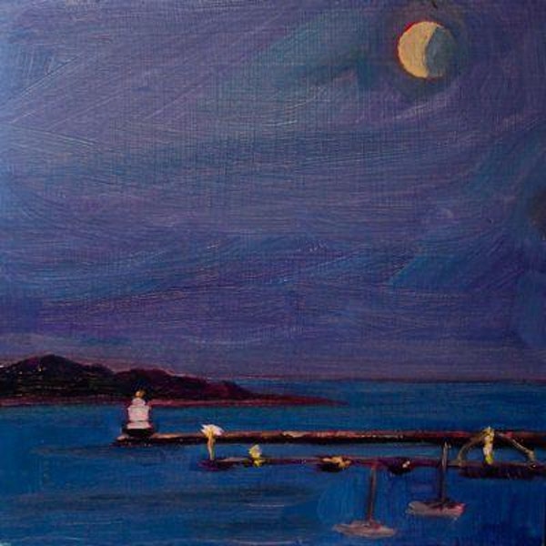 600x600 Half Moon Over Spring Point Light 5x5 Oil On Paper By Artist - Half Moon Painting