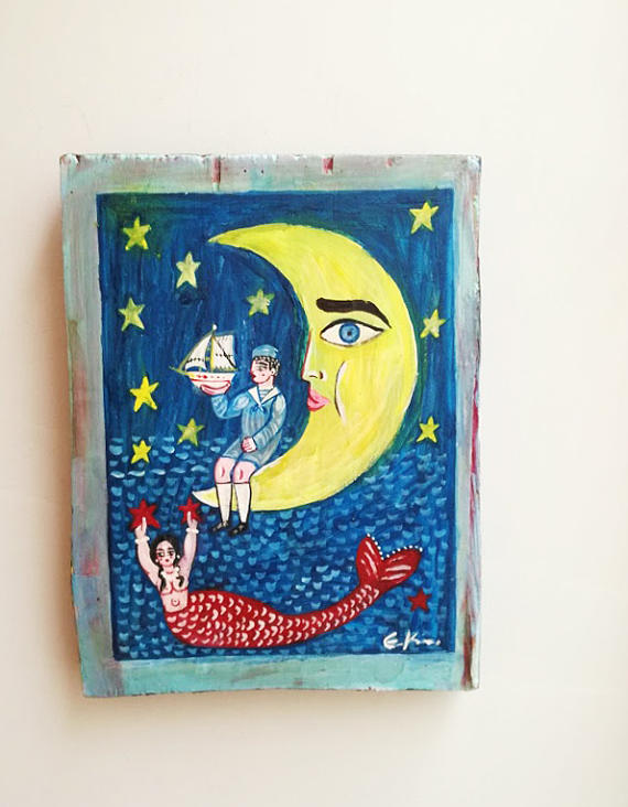570x732 Yellow Moon Painting Half Moon Child And Mermaid Folf Art - Half Moon Painting