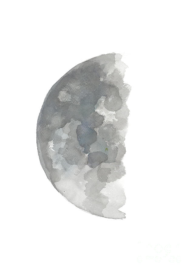 636x900 Crescent Moon Watercolor Painting, Silver Blue Gray Abstract Half - Half Moon Painting