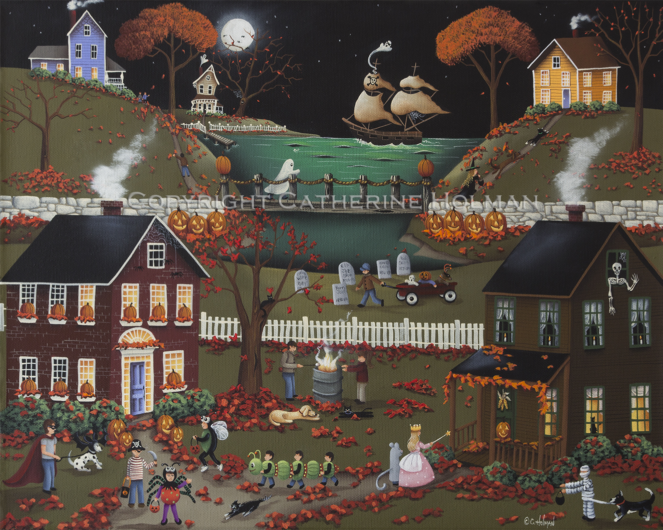 1325x1058 Catherine Holman Folk Art Pirate's Cove Halloween Painting - Halloween Art Painting