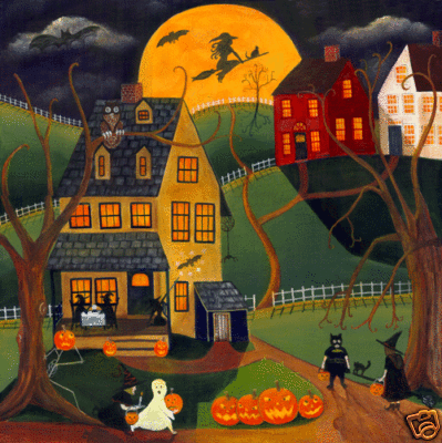 399x400 Folk Art Painting Print Halloween Witch Moon 12x16 - Halloween Art Painting