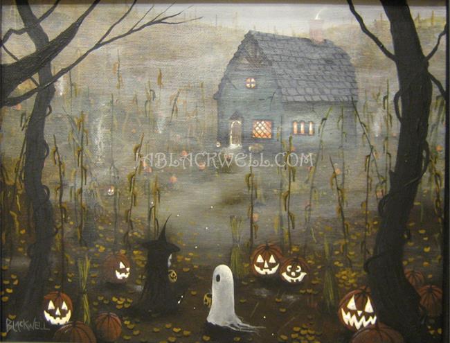 650x495 Halloween Art Original Painting J A Blackwell Folk Art Ghost Witch - Halloween Art Painting