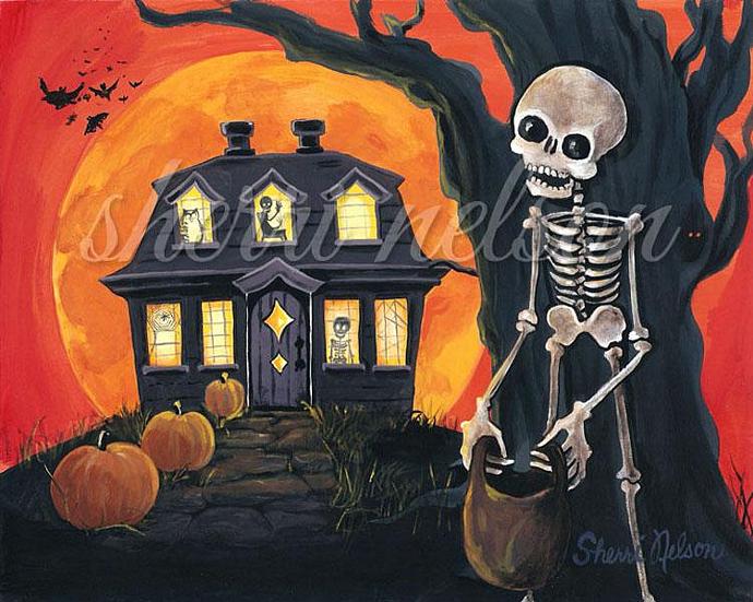 690x551 Halloween Art Print Spooky Skeleton Trick Or Bonesnelson - Halloween Art Painting